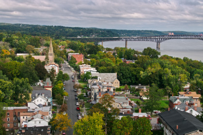 Aerial shot of Newburgh, a small city in the Hudson River Valley in Orange County, New York on a cloudy autumn afternoon.
