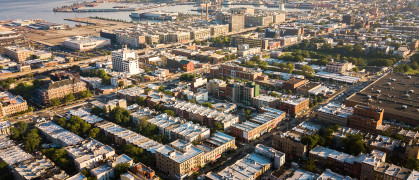 Aerial view of Brooklyn, Manhattan, and Williamsburg Bridges in New York City.