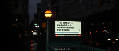 New York, New York - Oct 29 2012: A digital display above the entrance of the subway as Hurricane Sandy moves in the New York City area on Monday, Oct. 29, 2012.