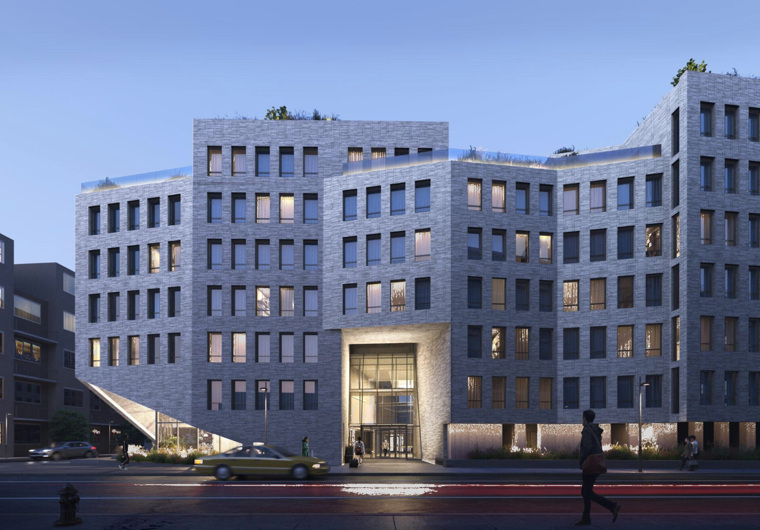 Rendering of grey apartment building in Williamsburg at dusk
