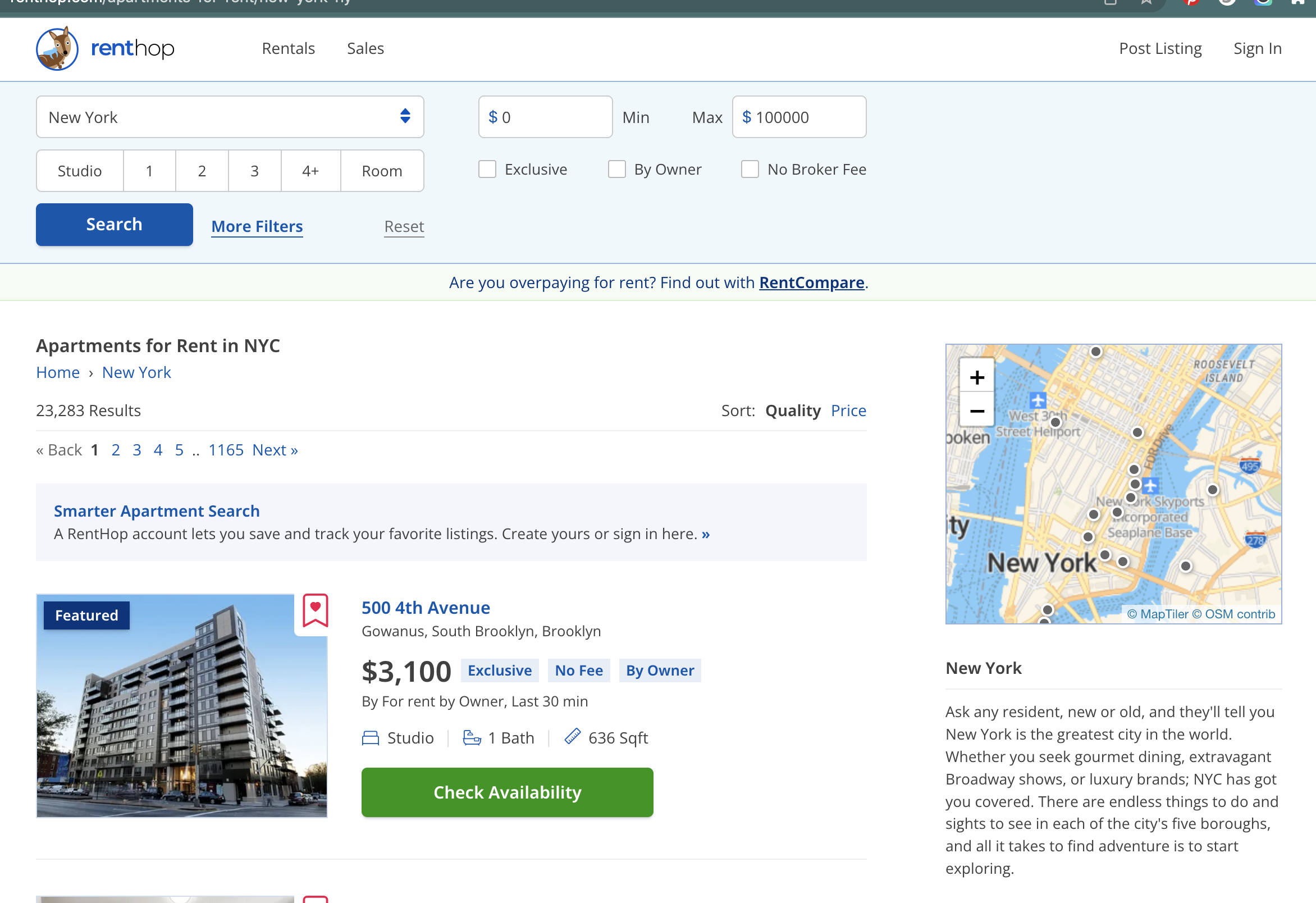 renthop landing page no-fee rentals
