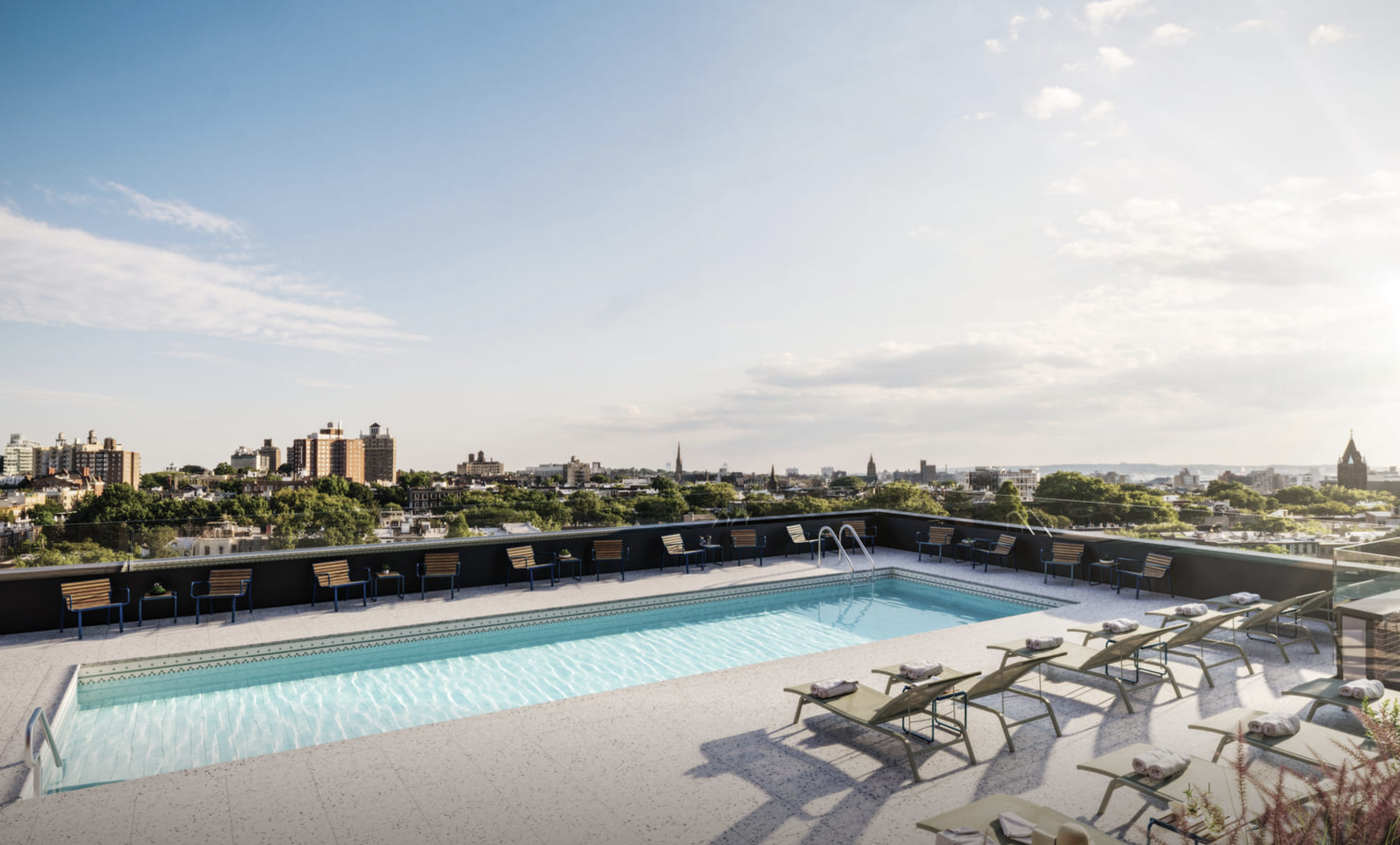 rendering of pool, sundeck, and Brooklyn views at 595 Dean St.