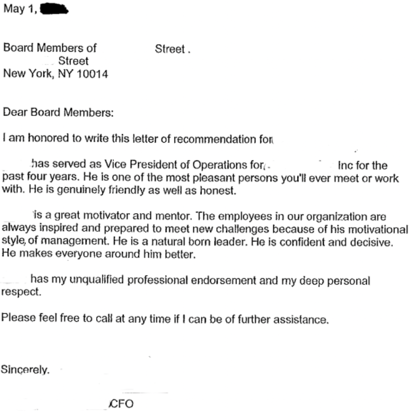 Example of a co-op recommendation letter from an executive