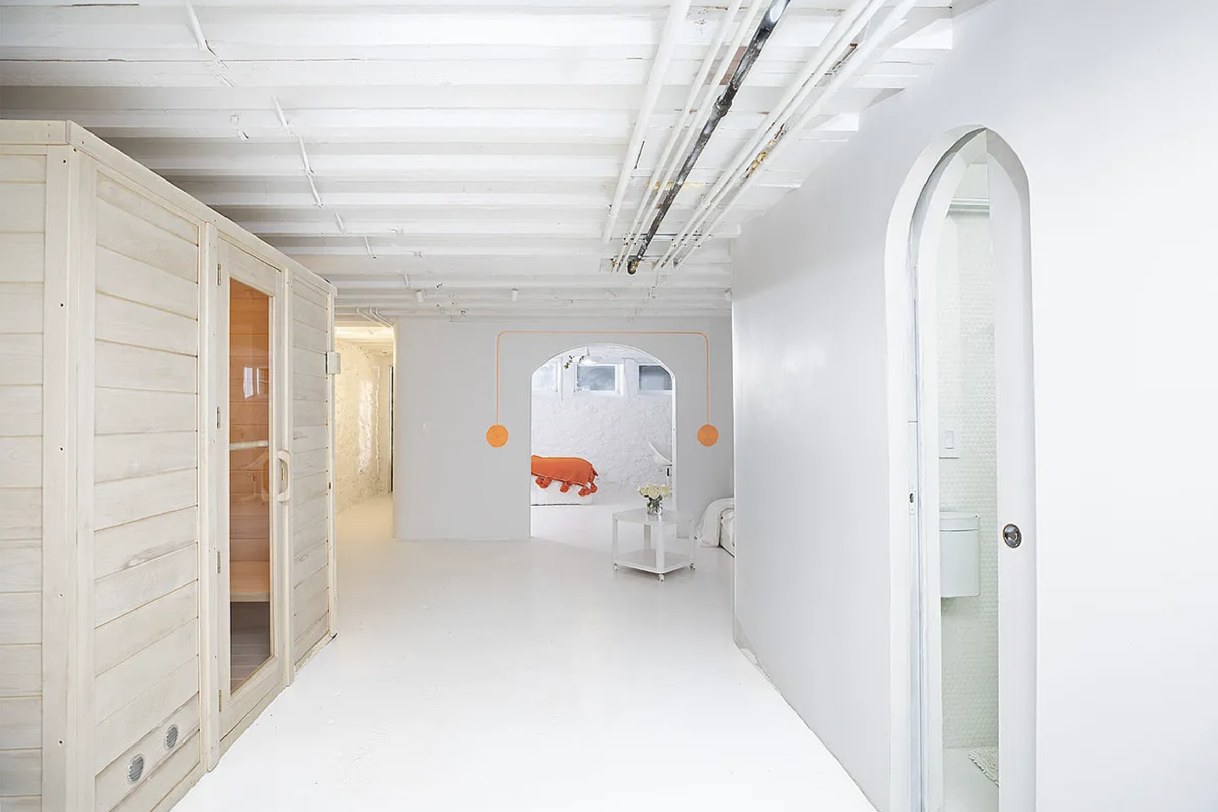 A sauna in a white basement at 1432 Saint Mark's Avenue. A sauna in a white basement.