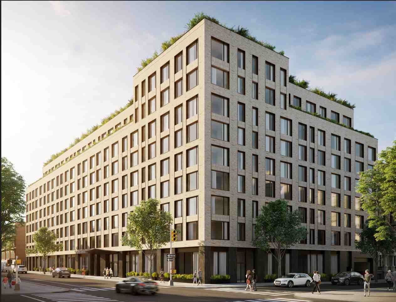 A rendering of a new, nine-story grey building at 153-10 88th Avenue in Jamaica, Queens