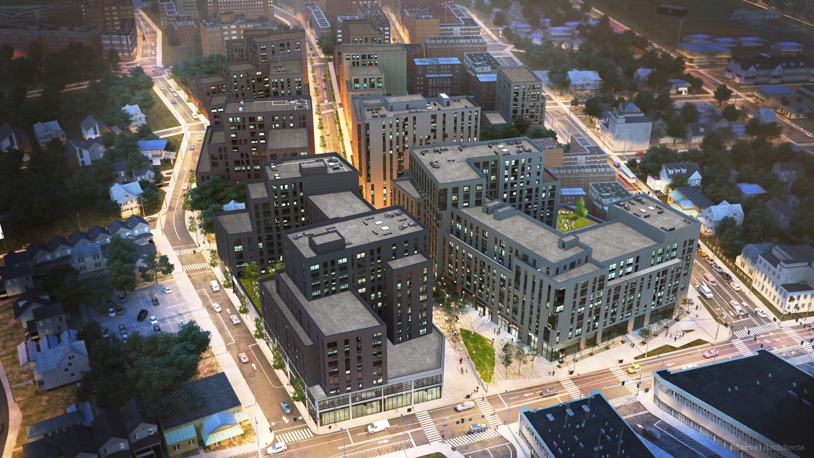 A rendering of the eight buildings in the Far Rockaway, Queens development project dubbed the Rockaway Village Apartments.