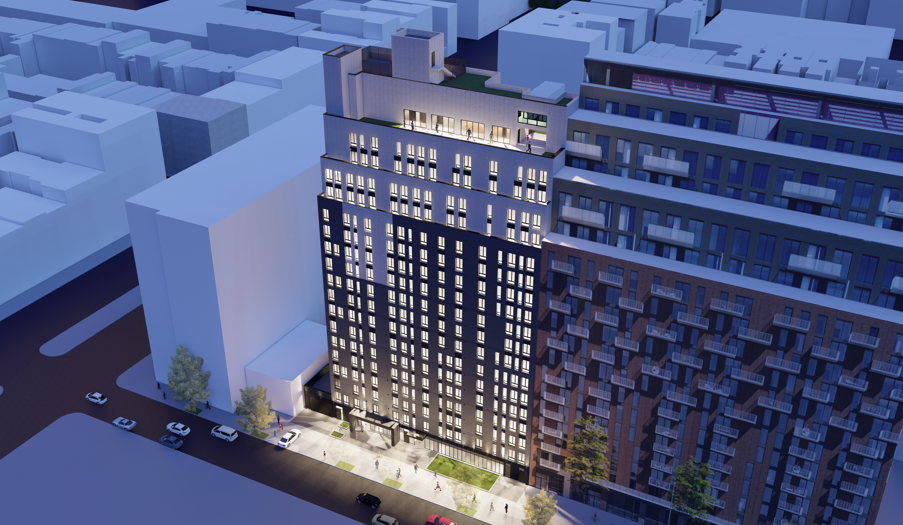 A rendering of the 18-story building at 212 West 124th Street.