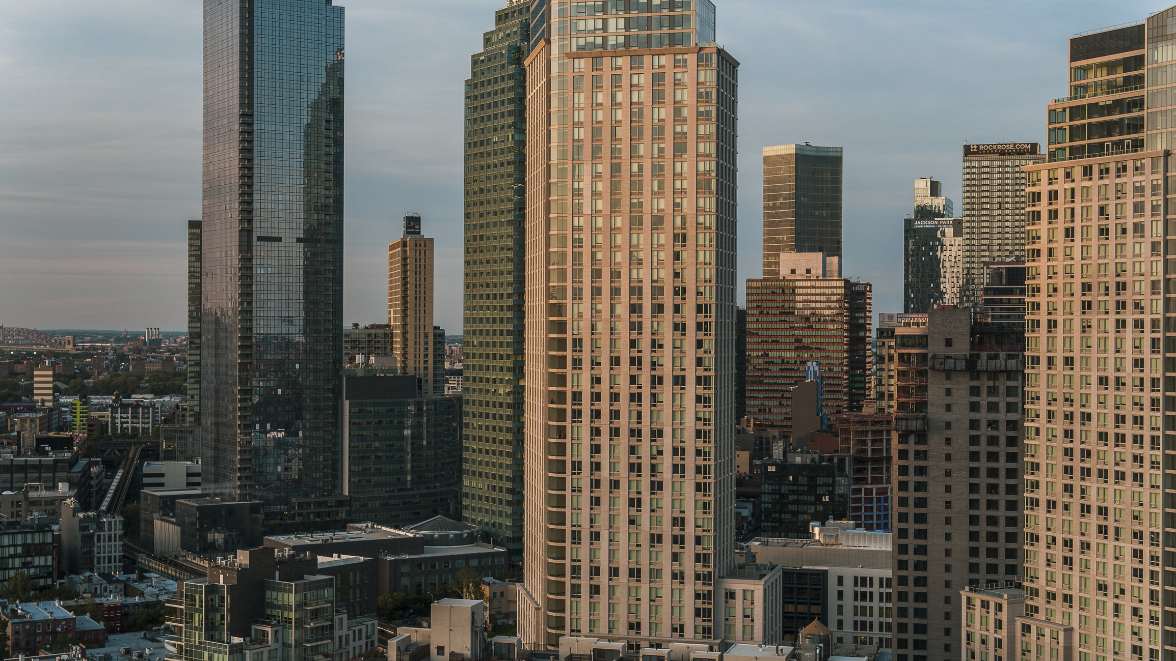Evening view of residential buildings exterior in Hunters Points, Long Island City, Queens.