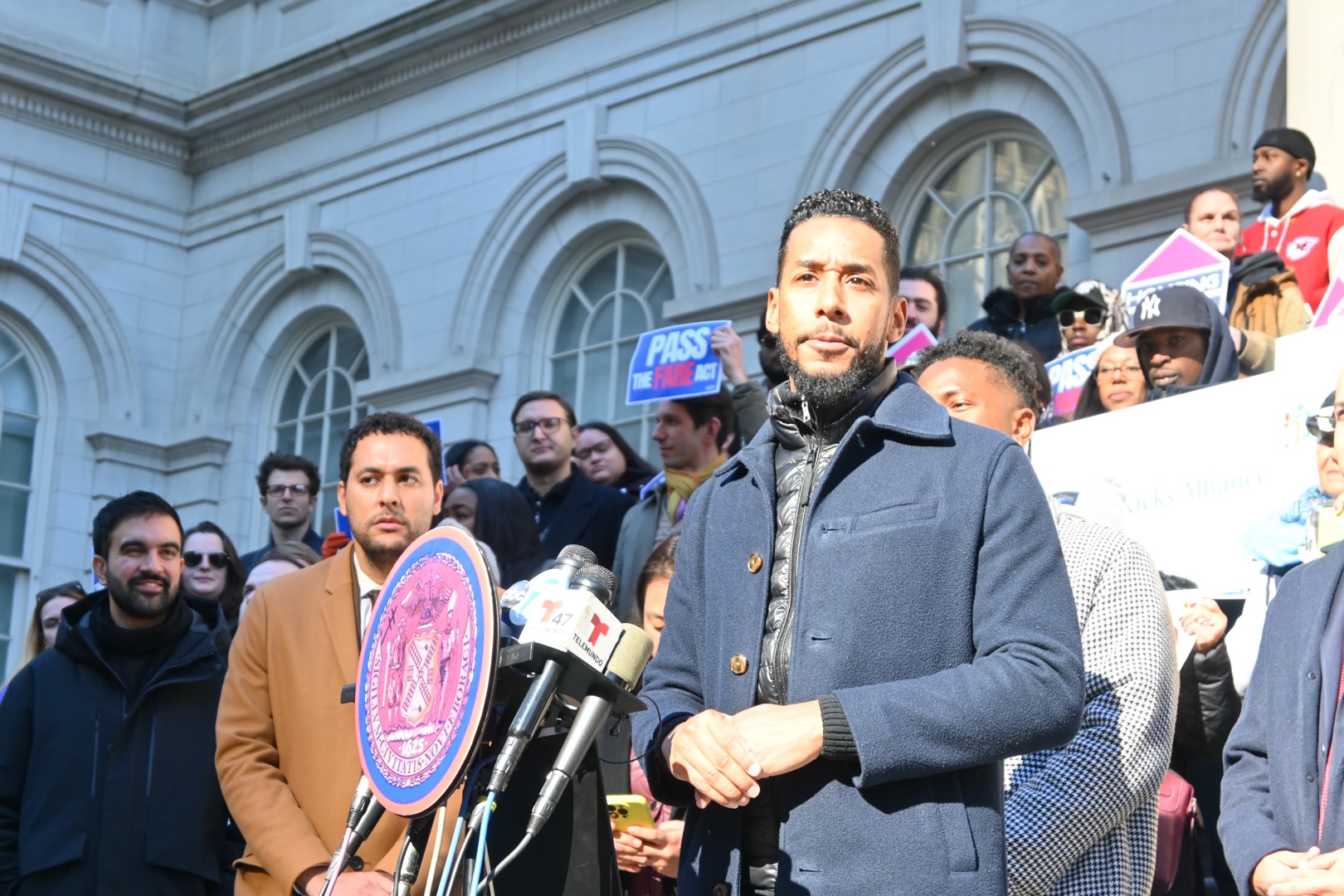 Brooklyn Borough President Antonio Reynoso speaks in support of the FARE Act at the afternoon rally ahead of the vote.