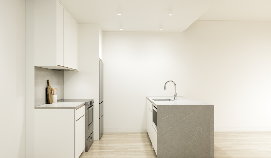 A rendering of one of the units at the 21-story building.