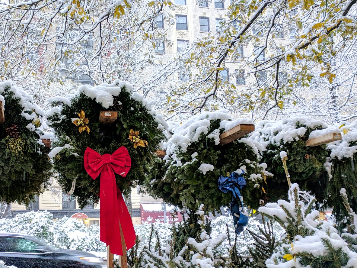 Christmas wreaths on a NYC street
