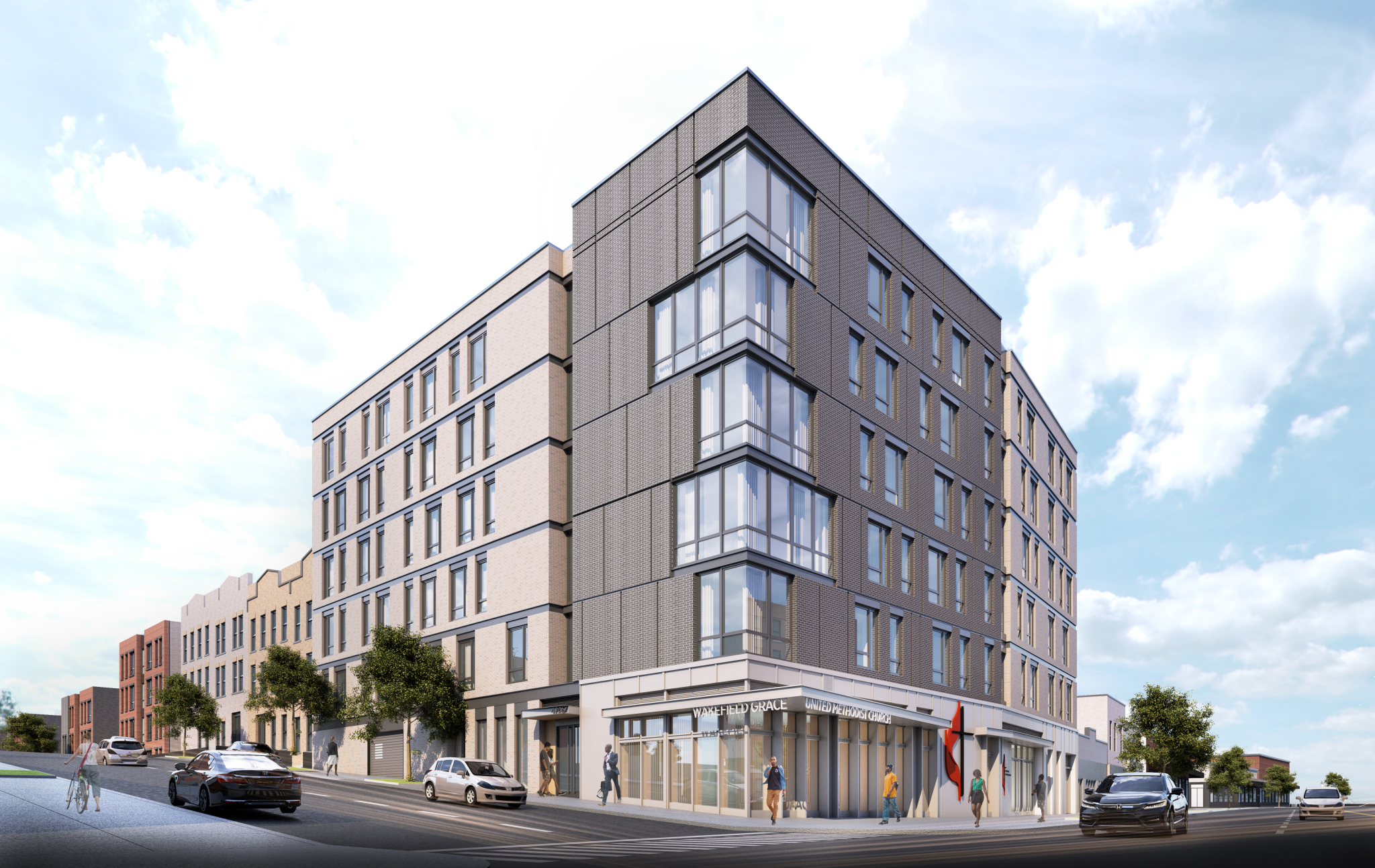 A rendering of the six-story building at the corner of White Plains Road and Penfield Street. 