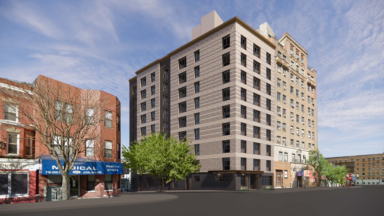 A rendering of the nine-story building at the corner of Bush Street and Grand Concourse.