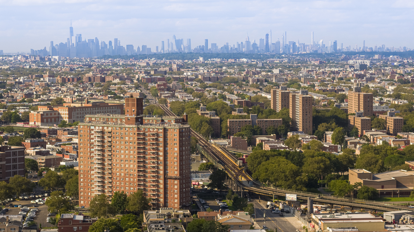 Aerial panoramic view of Coney Island, Brooklyn, New York, USA, on a sunny day.