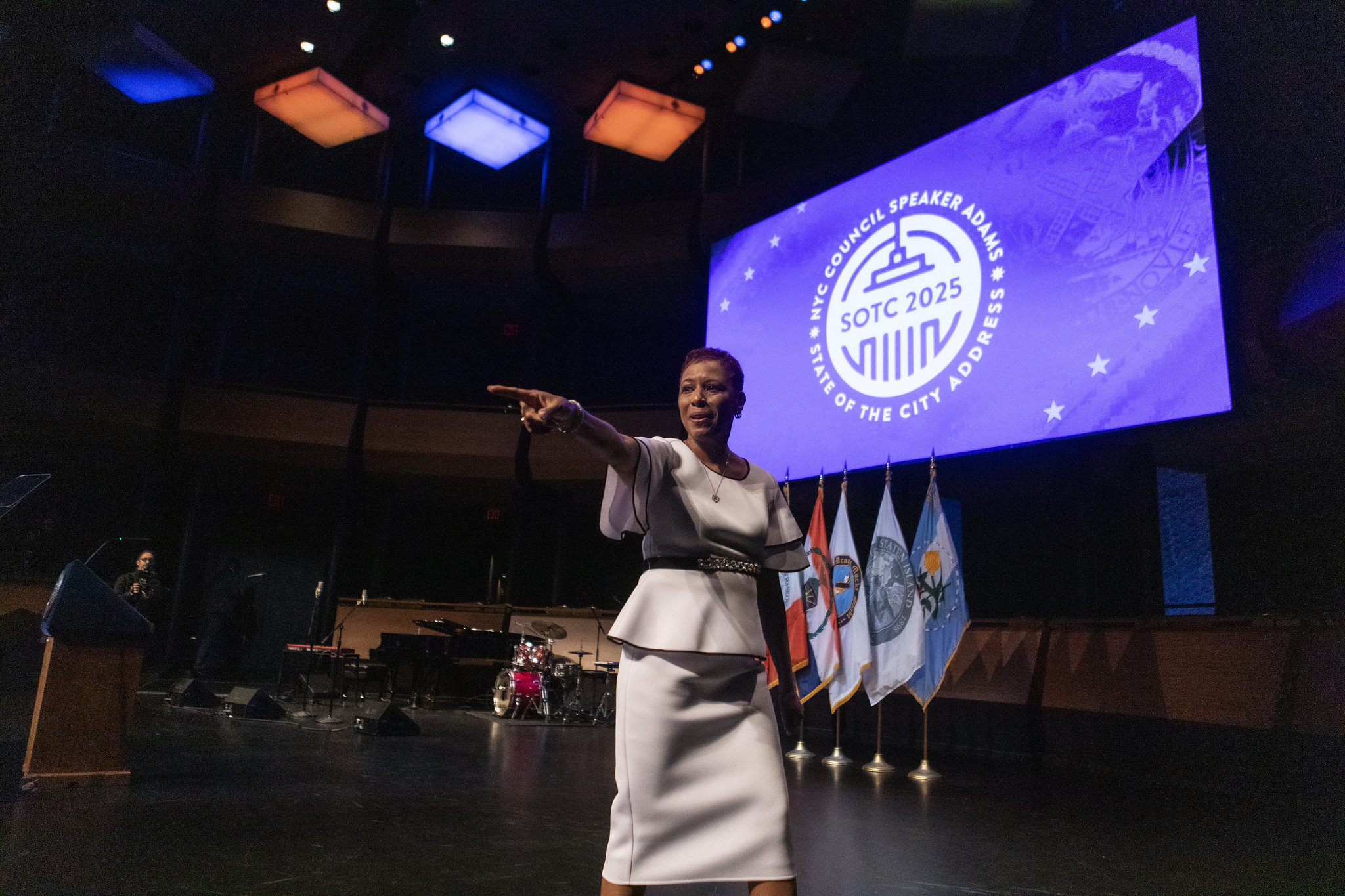 Speaker Adrienne E. Adams on stage after delivering her State of the City address at Lincoln Center.