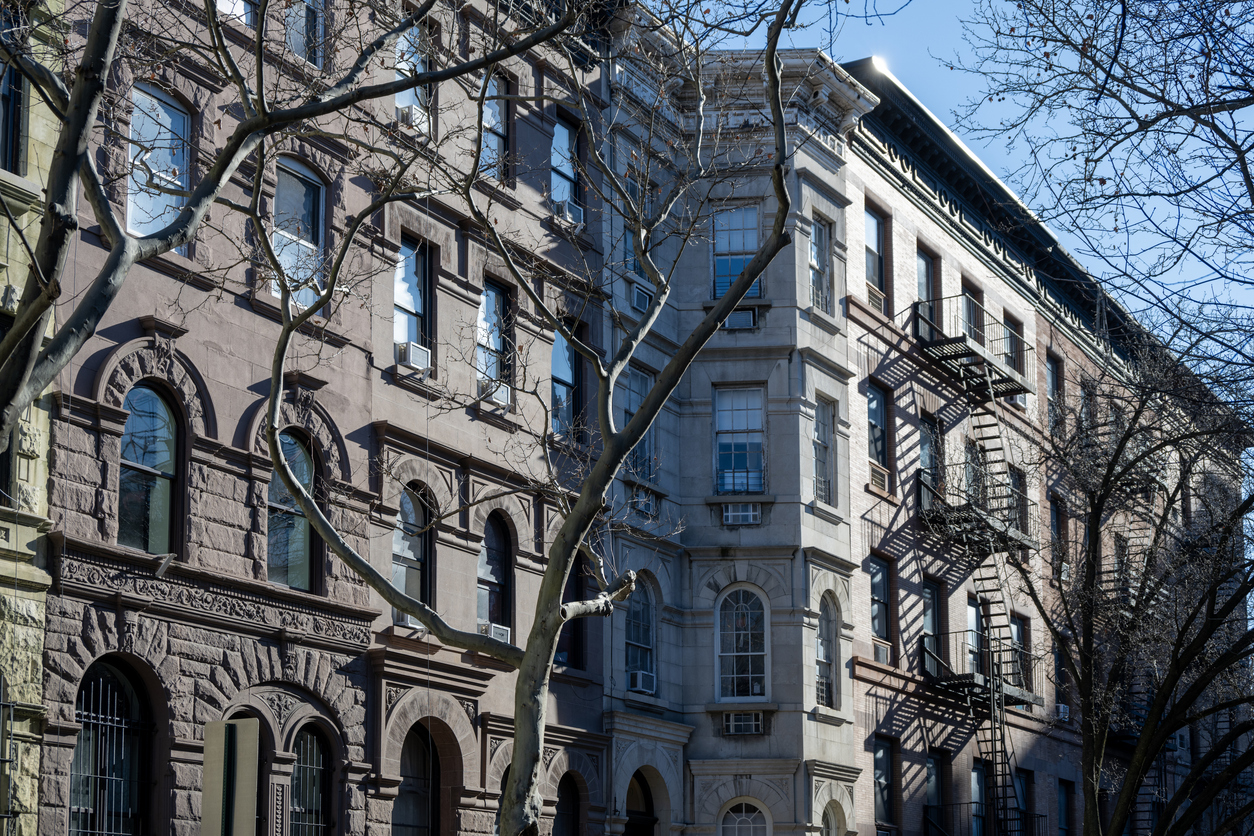 Building facades in New York in winter view from street Building facades in New York in winter view from street