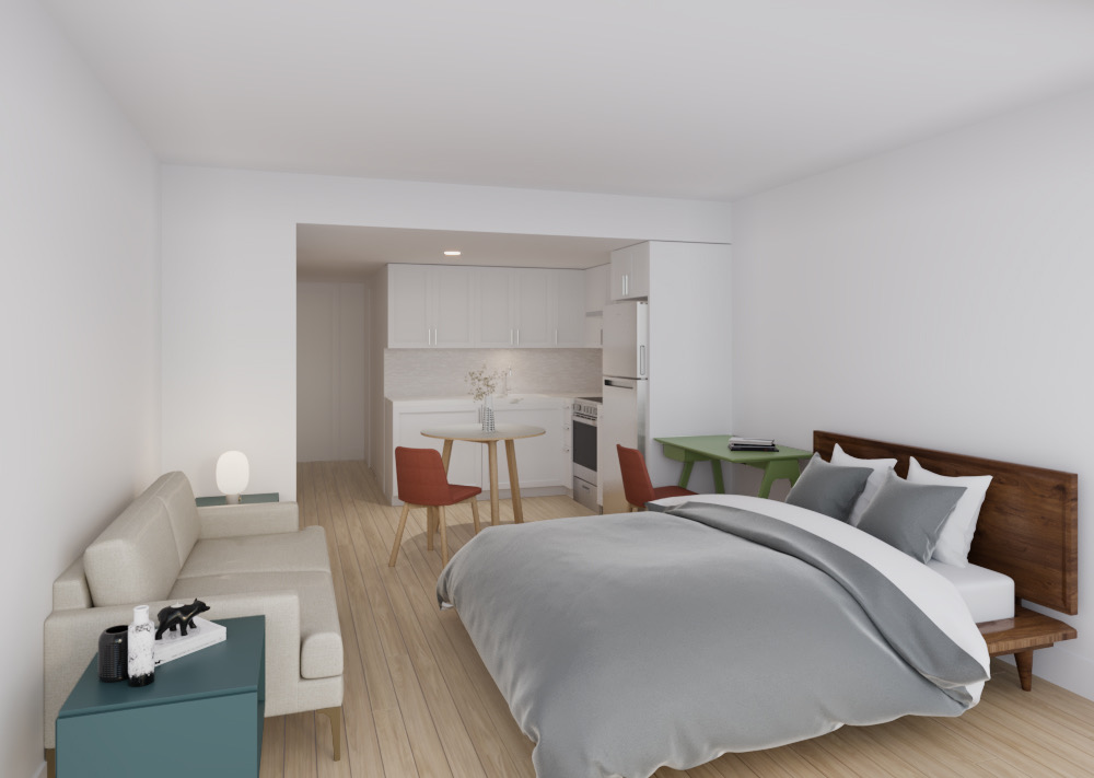 A rendering of one of the bedrooms at the affordable housing development. A rendering of one of the bedrooms at the affordable housing development.
