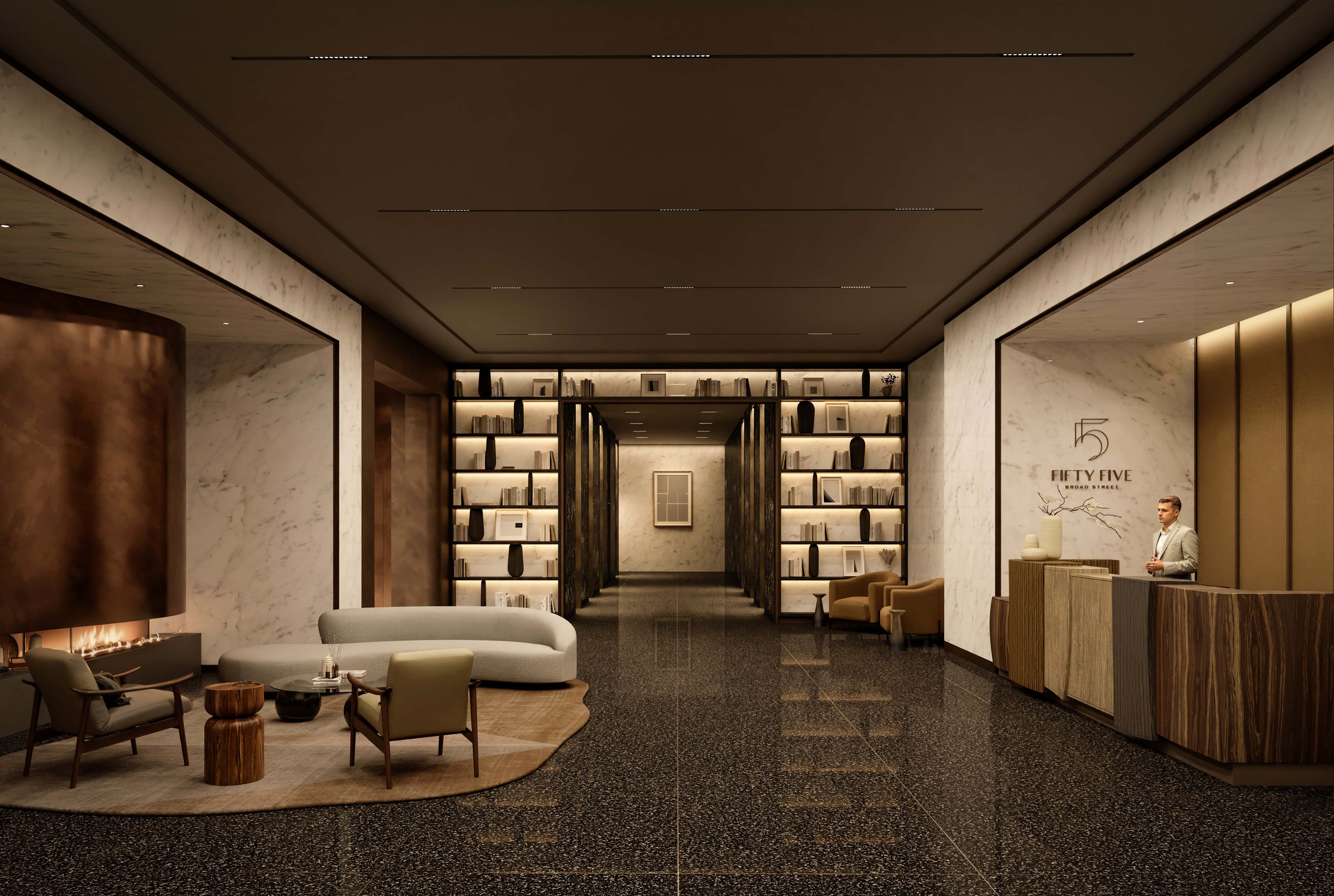 A rendering of the lobby of 55 Broad Street, located between Exchange Place and Beaver Street. A rendering of the lobby of 55 Broad Street, located between Exchange Place and Beaver Street.