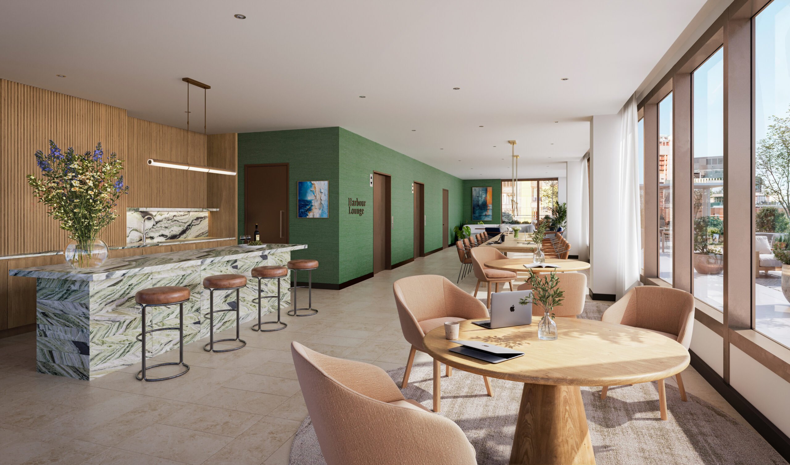 A rendering of the coworking area at 55 broad street. A rendering of the coworking area at 55 broad street.
