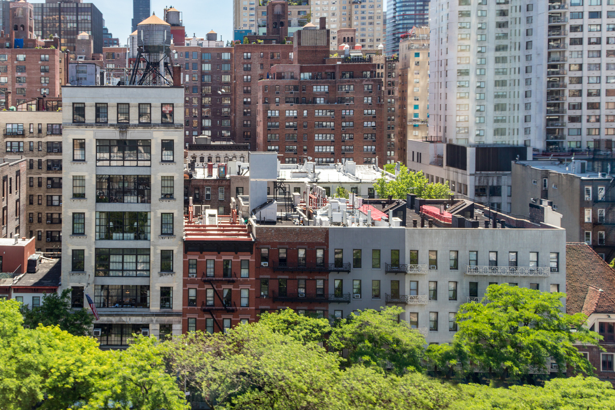 Rental buildings in Midtown Manhattan New York City seen from the Roosevelt Island Tramway Rental buildings in Midtown Manhattan New York City seen from the Roosevelt Island Tramway