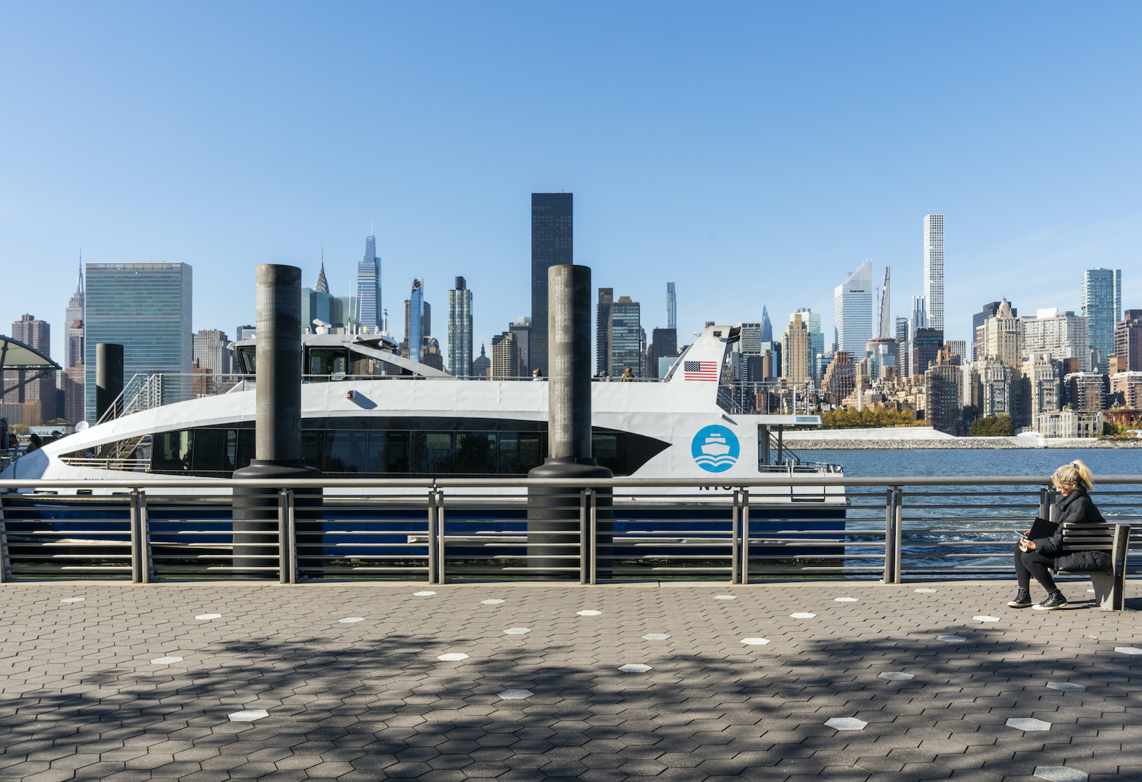 A NYC Ferry boat seen from the Hunter's Point South ferry landing.