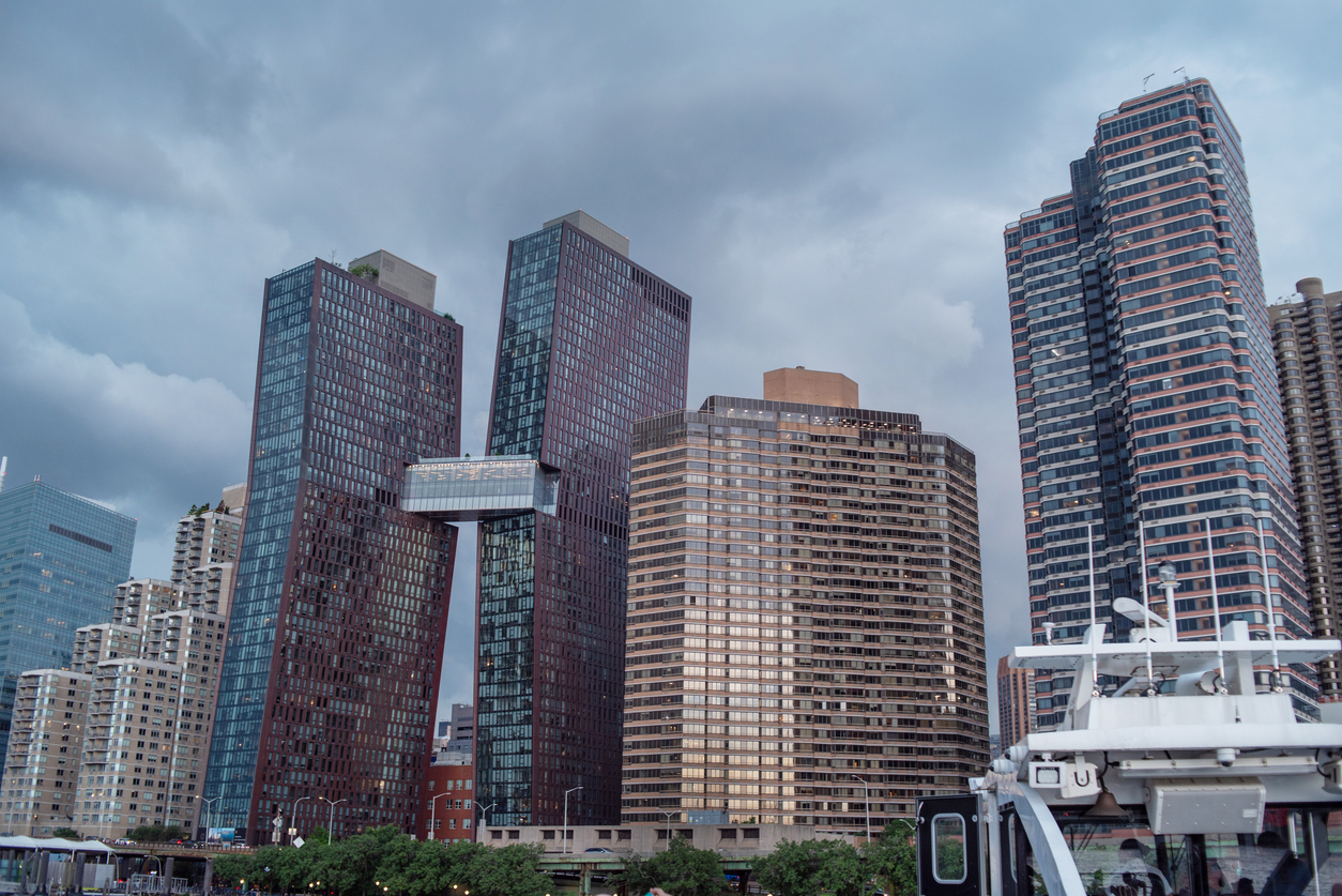 Buildings tower along NYC waterfront