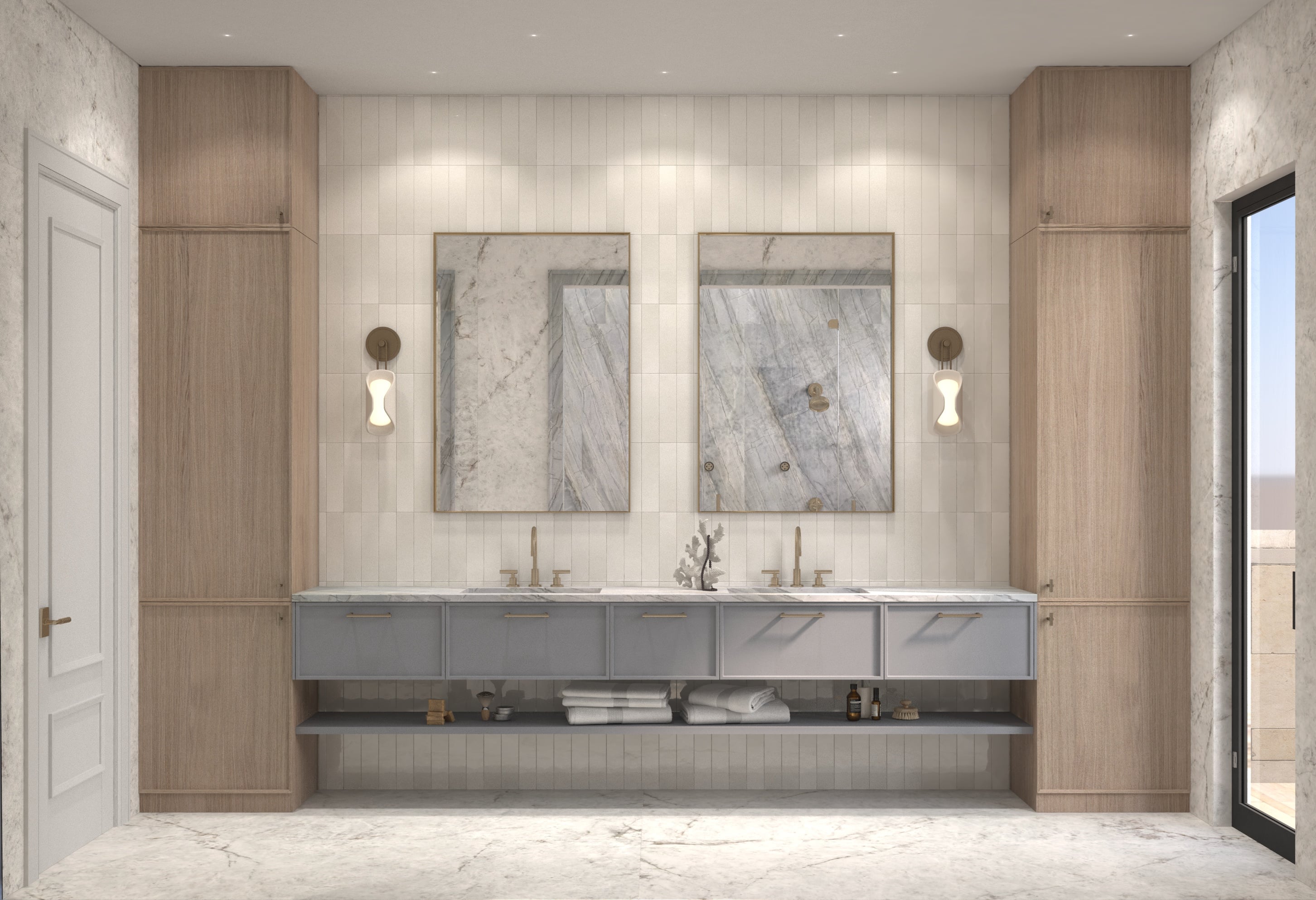 naturally lit bathroom with soft tones and tiled walls