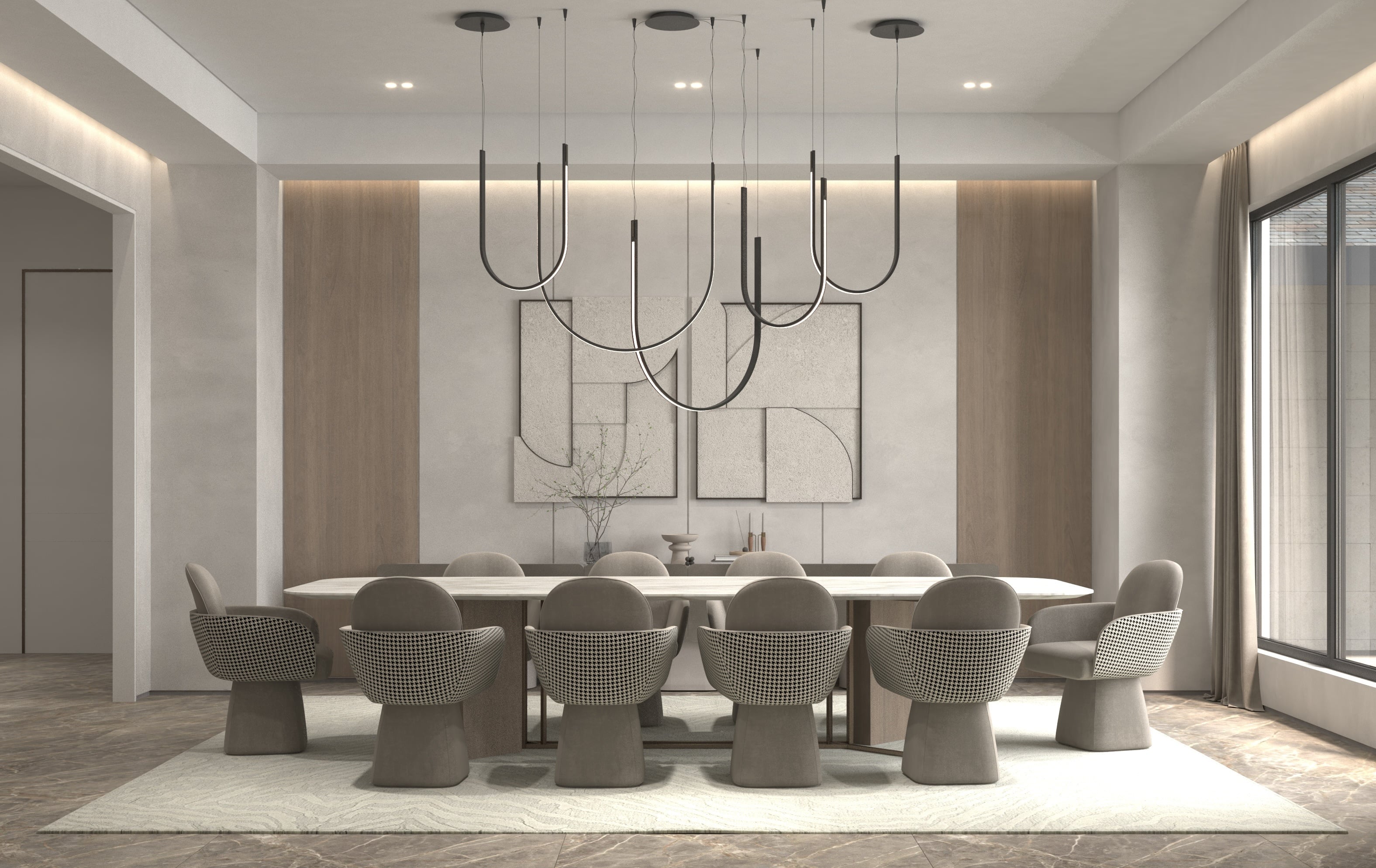 Minimalist, natural palette dining room with ultra-modern U-shaped hanging lights