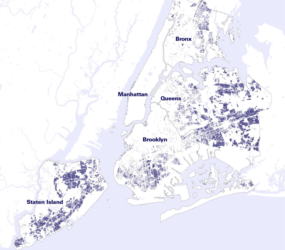 Map of areas in NYC where detached ADUs are currently permitted.