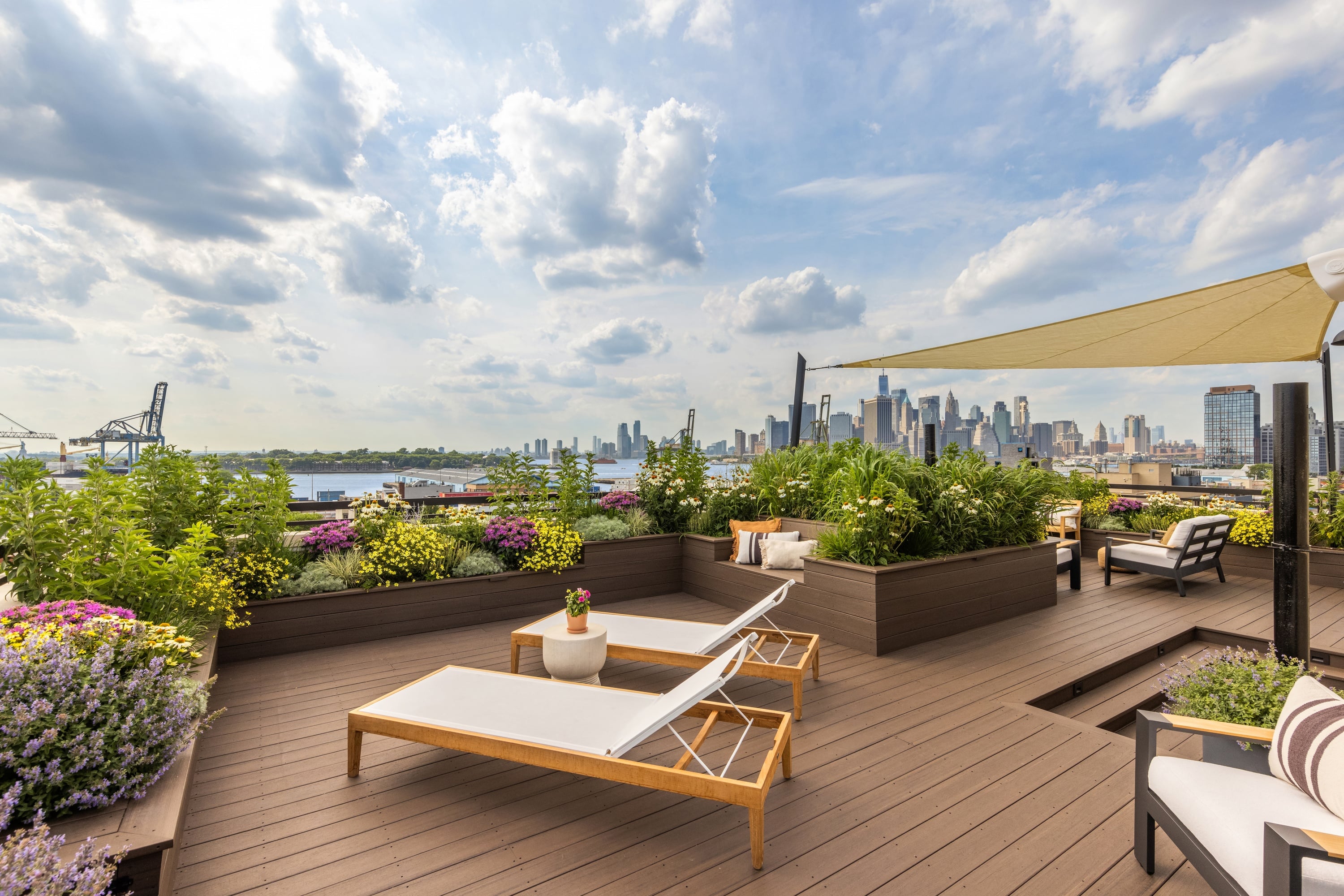 roofdeck overlooking a river with a city skyline, flooded with light and decoarted with wooden lounge chairs and umbrella