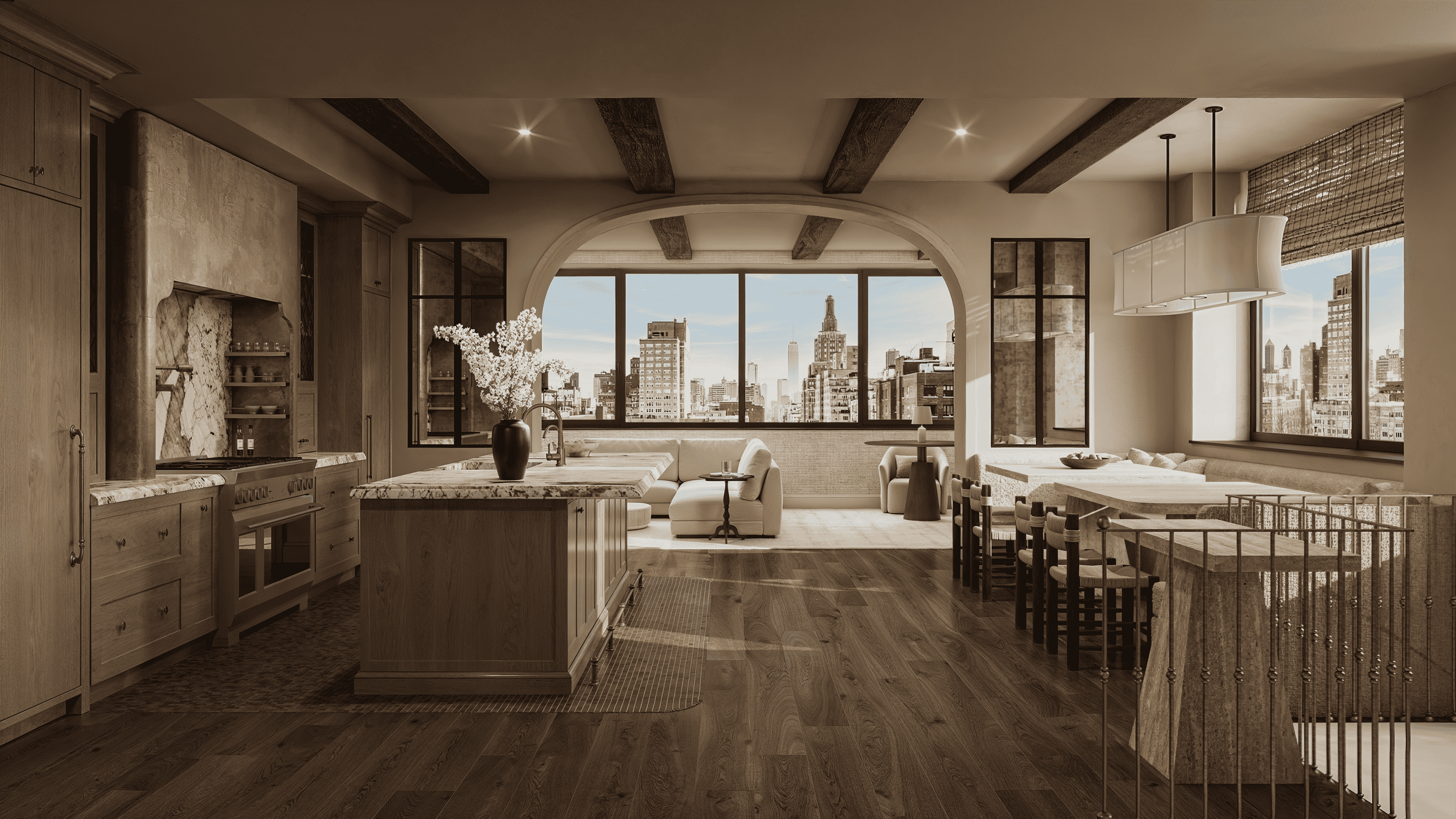 A modern, wood-grained kitchen with off-white accents