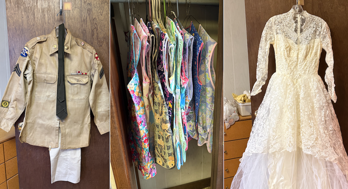 U.S. army uniform, Susan’s signature floral housecoats, and her 1950s wedding dress. U.S. army uniform, Susan’s signature floral housecoats, and her 1950s wedding dress.