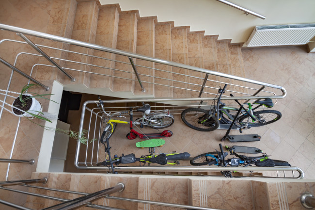 Bicycles stored in lobby of apartment building