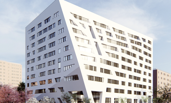 White exterior of modern housing complex at 57 Marcus Garvey Blvd, Brooklyn,