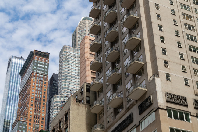 Residential buildings with balconies in Midtown Manhattan.