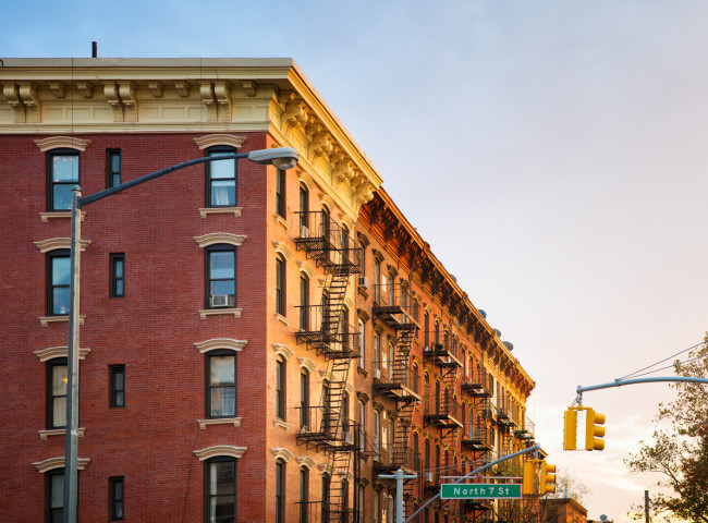 Brooklyn brownstone apartment buildings at sunset