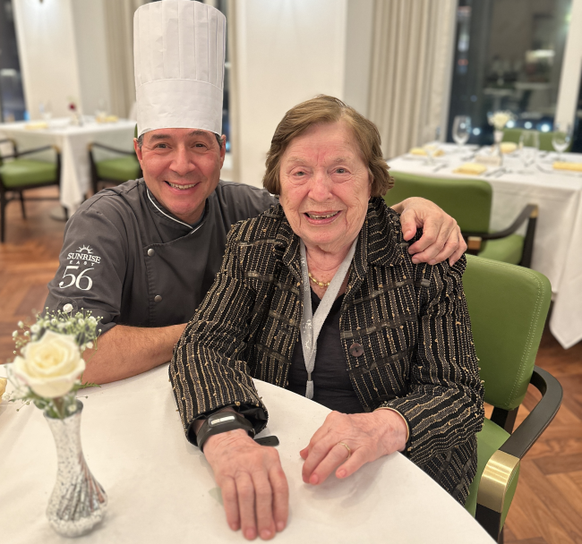 Barbara Fleischman with Chef Jim at Sunrise at 56th