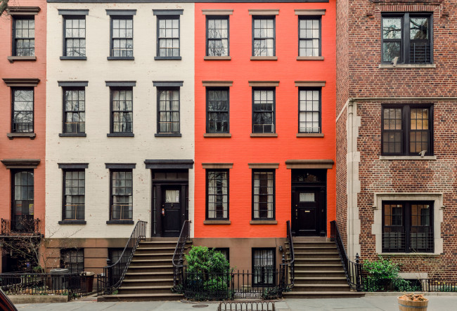 Brownstone facades & row houses in an iconic neighborhood of Brooklyn Heights in New York City stock photo