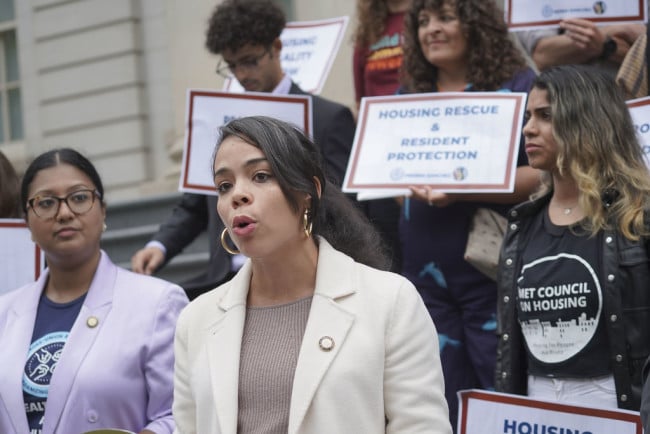 A photo of NYC Council member Pierina Sanchez at a rally. A photo of NYC Council member Pierina Sanchez at a rally.