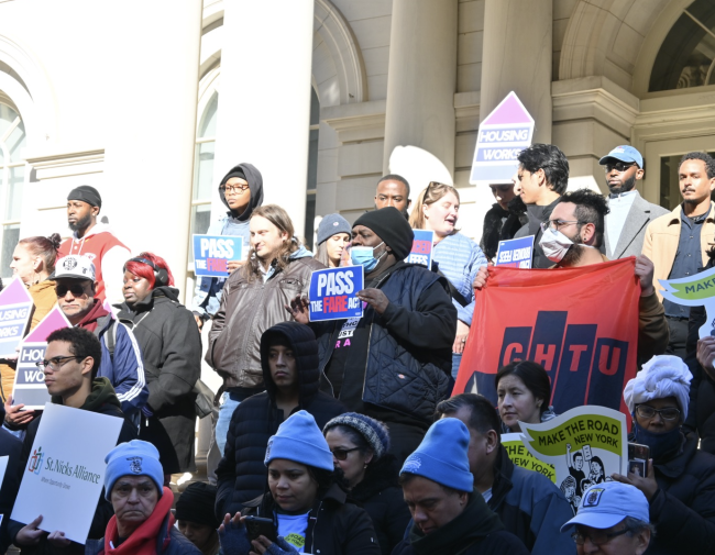 Supporters of the FARE Act gather at a rally at the steps of City Hall before the Nov. 13th vote, where the act passed with 42 council members in favor. Supporters of the FARE Act gather at a rally at the steps of City Hall before the Nov. 13th vote, where the act passed with 42 council members in favor.