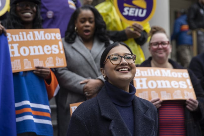 Council Member Shahana Hanif hold press conference before the City Council vote on Arrow Linen spot rezoning.