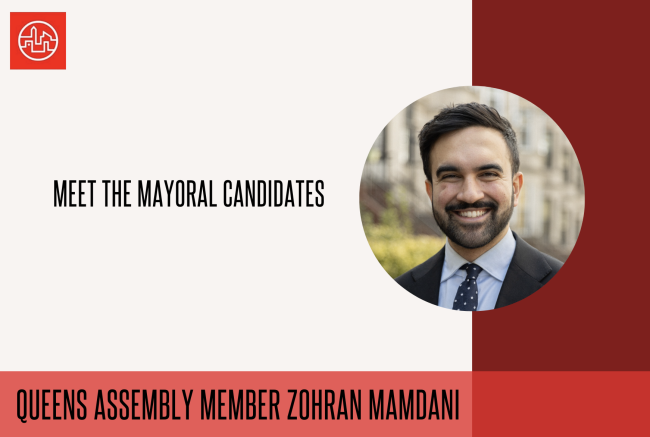 Graphic of Zohran Mamdani with the line "meet the mayoral candidates"