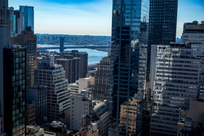 Views of the East River and the Manhattan Bridge from lower Manhattan, NYC.