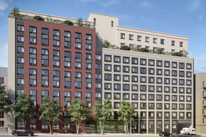 Rendering of red brick and sandstone apartment building in the Bronx