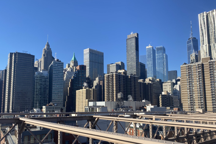 Manhattan skyline from Brooklyn Bridge, New York City