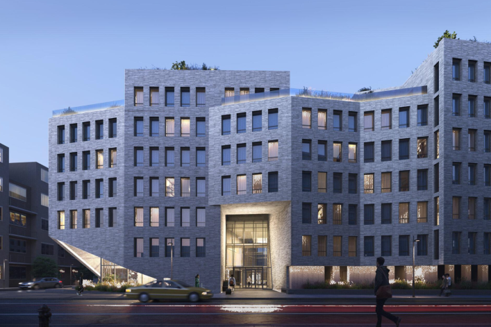 Rendering of grey apartment building in Williamsburg at dusk