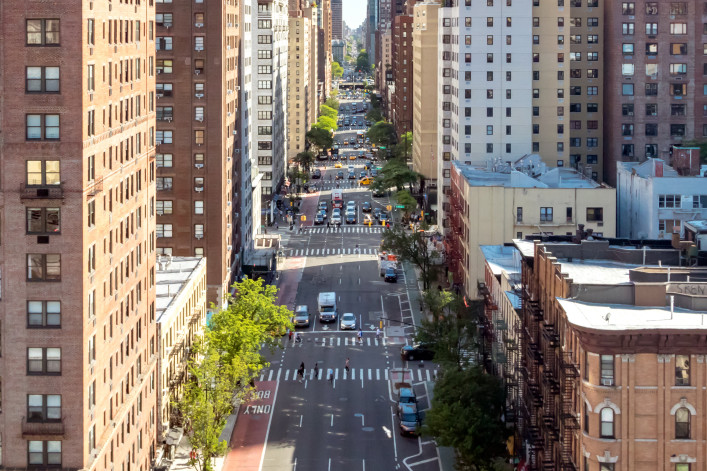 Overhead view of a busy street scene on 1st Avenue in Manhattan New York City