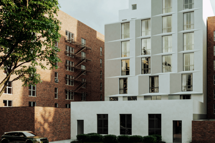 modern angular white facade of 2279 Barker Ave, Bronx, NYC