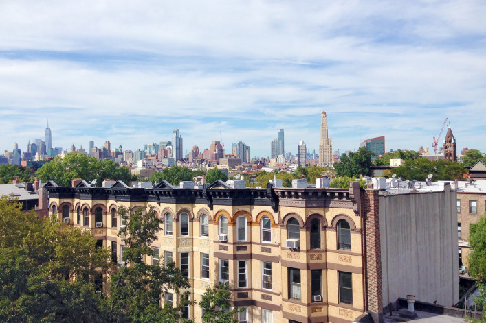 The skyline of Manhattan from Park Slope, Brooklyn.