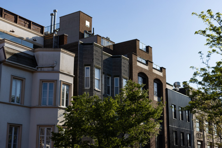 Row of Beautiful Modern Homes and Residential Buildings in Williamsburg Brooklyn stock photo